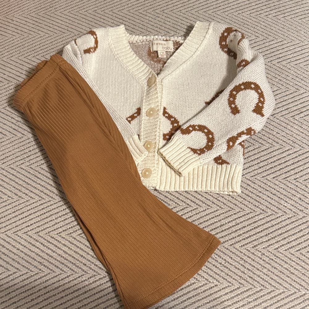 Cream and Brown Knit Horseshoe Cardigan with Tan Pants Set
